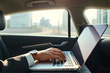 Executive working productively inside a moving luxury sedan.